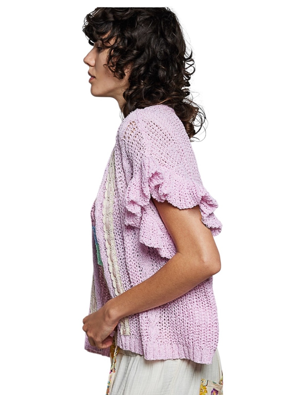 POL Pink Pastel Crochet Knit Open-Front Ruffle Short Sleeve Cardigan - Picture 4 of 6